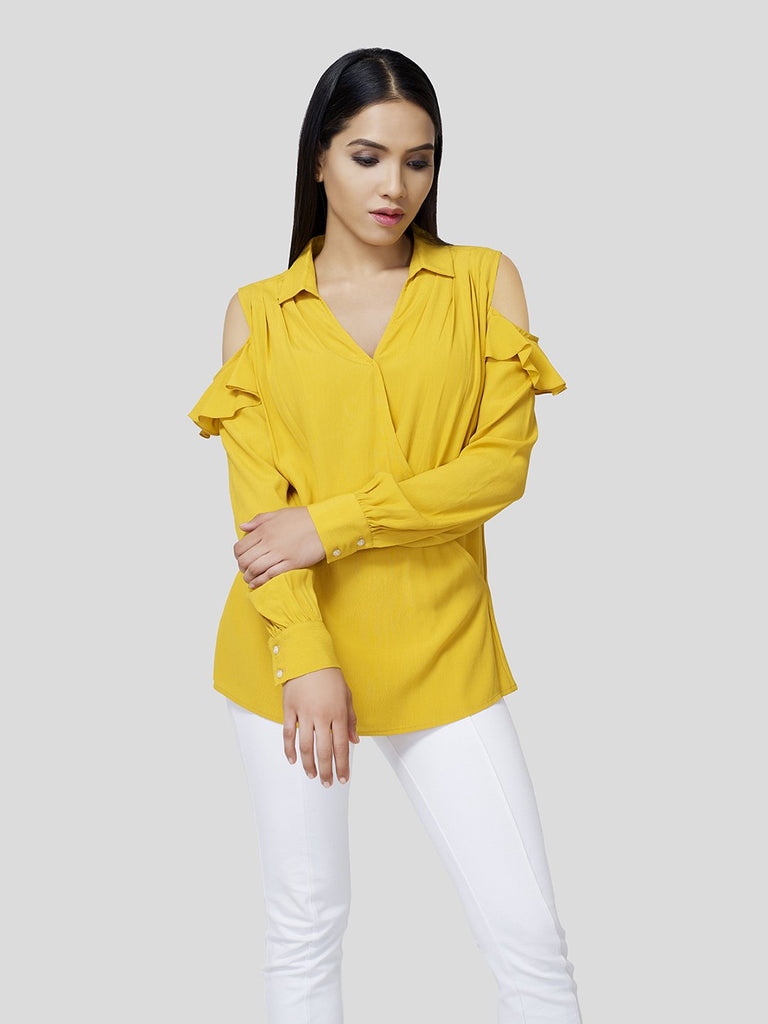 Draped Warp-Around Front Shirt With Cold Shoulder (Yellow)– Zest Mélange