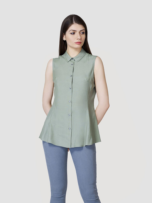 Pleated Frill Collar A Line Shirt - Zest Mélange 