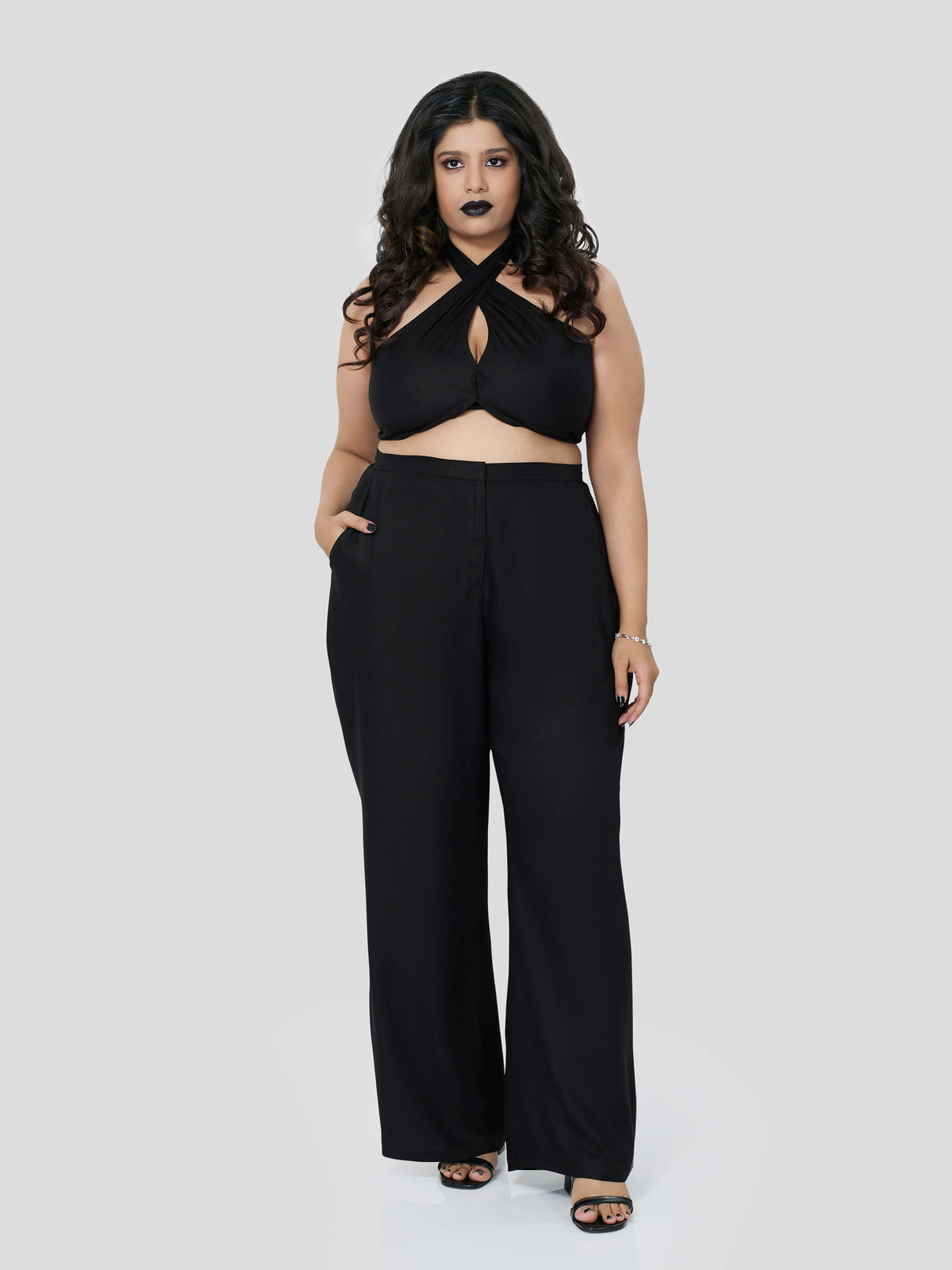 Black Halter Neck Top  with Straight Pants - Zest Mélange 