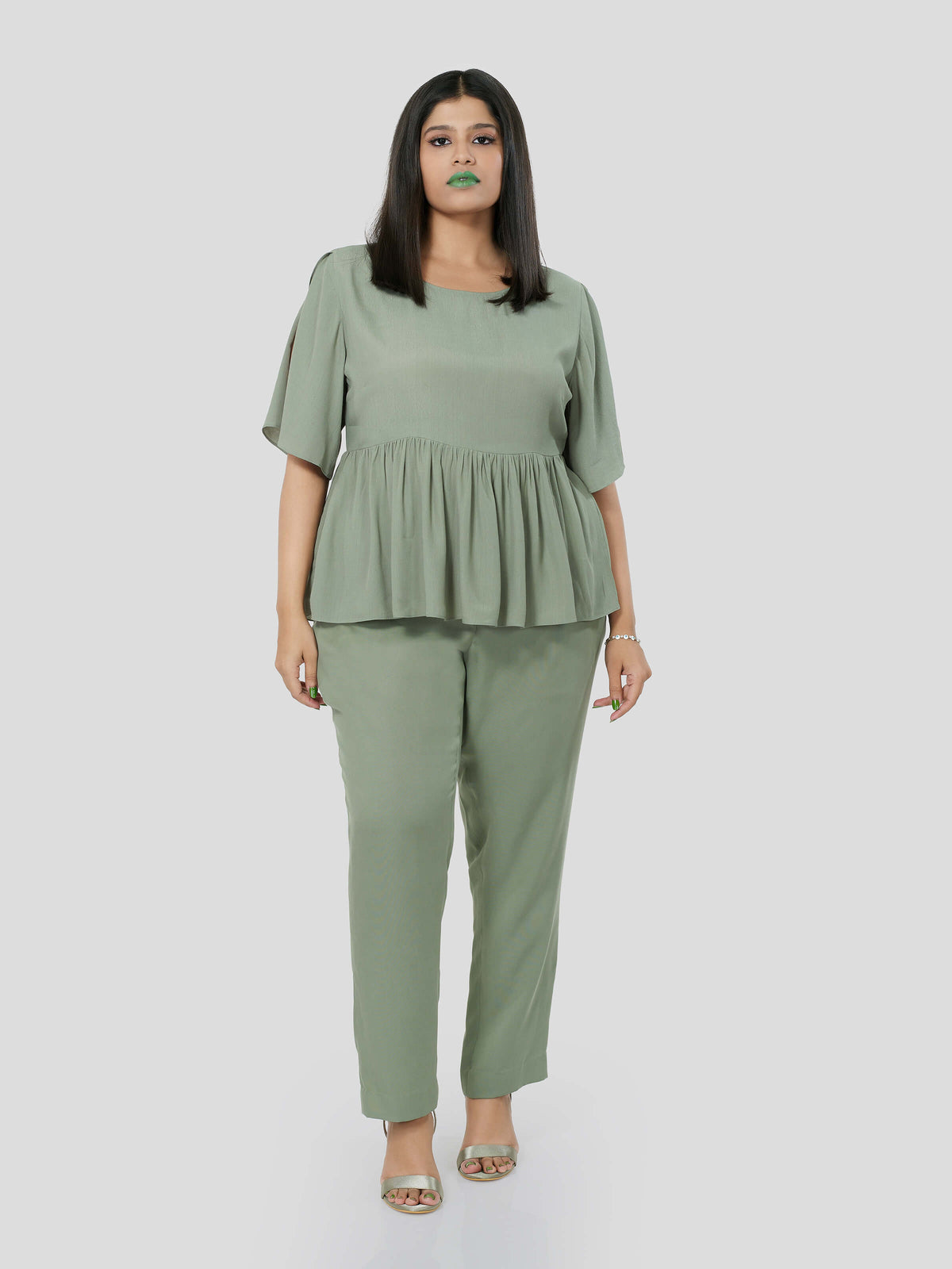 Green Flared Top with Narrow Pants - Zest Mélange 